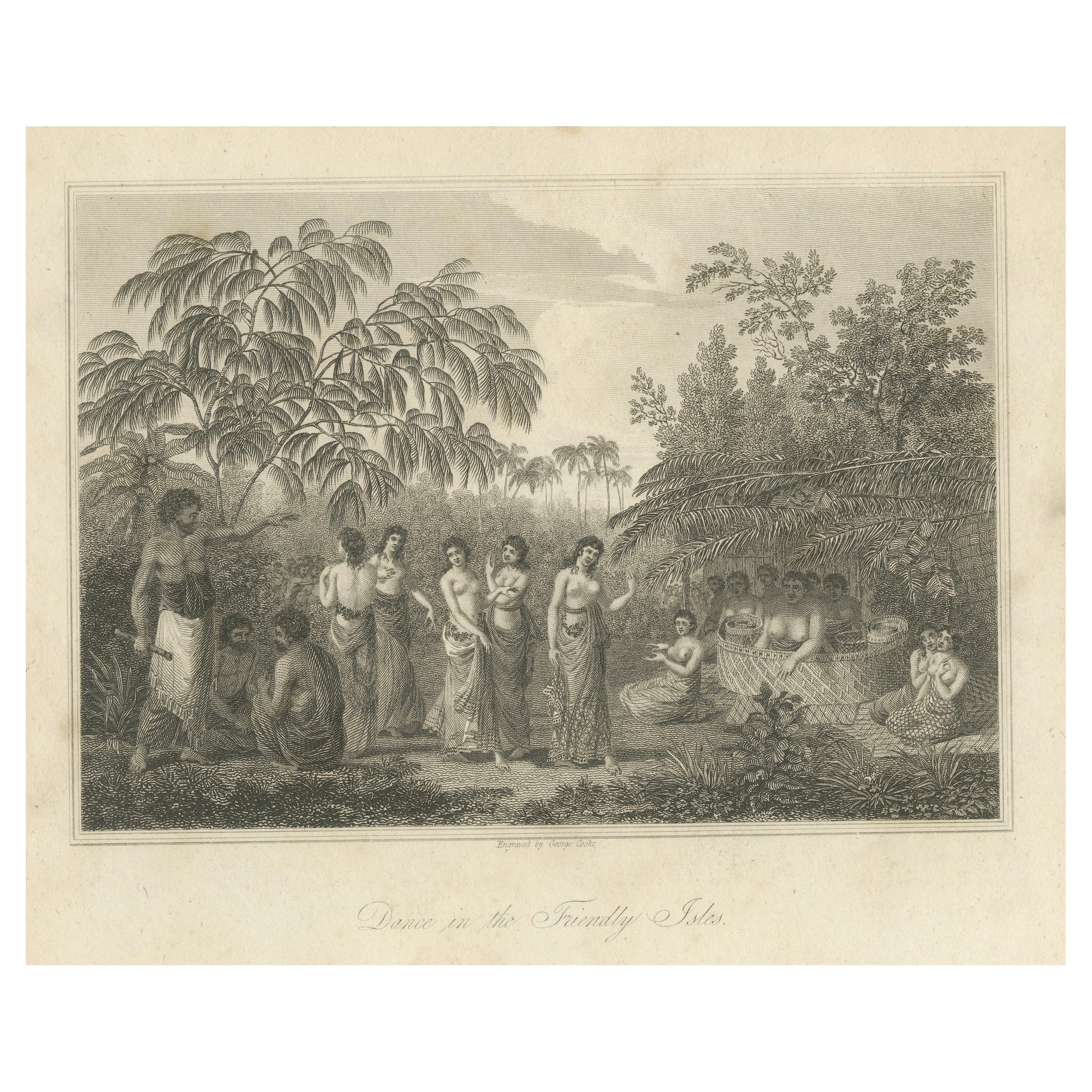 Rhythms of the Pacific: A Communal Dance in Tonga, Engraving Published in 1812 For Sale