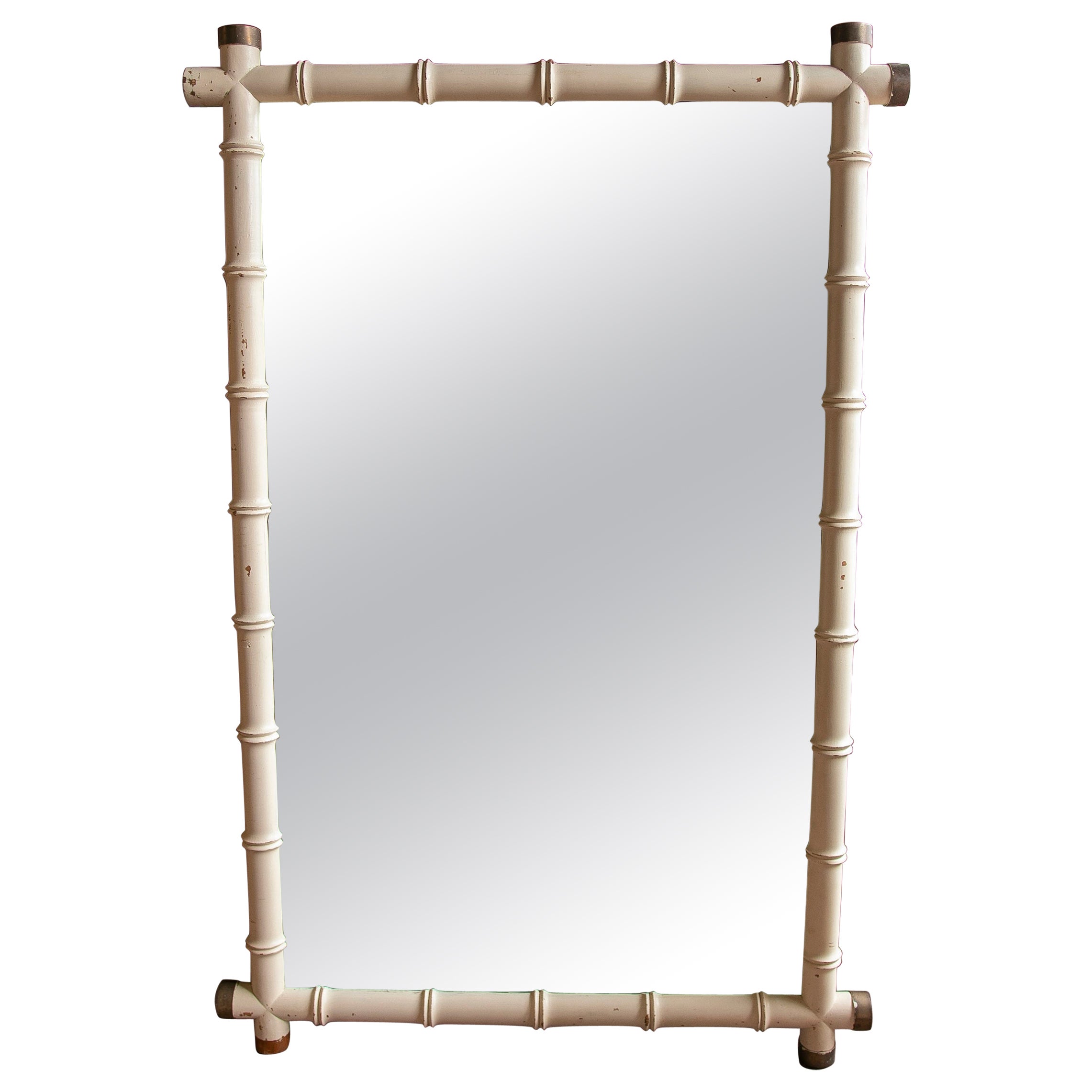 1970s Wooden Wall Mirror Imitating Bamboo with Brass Corners  For Sale