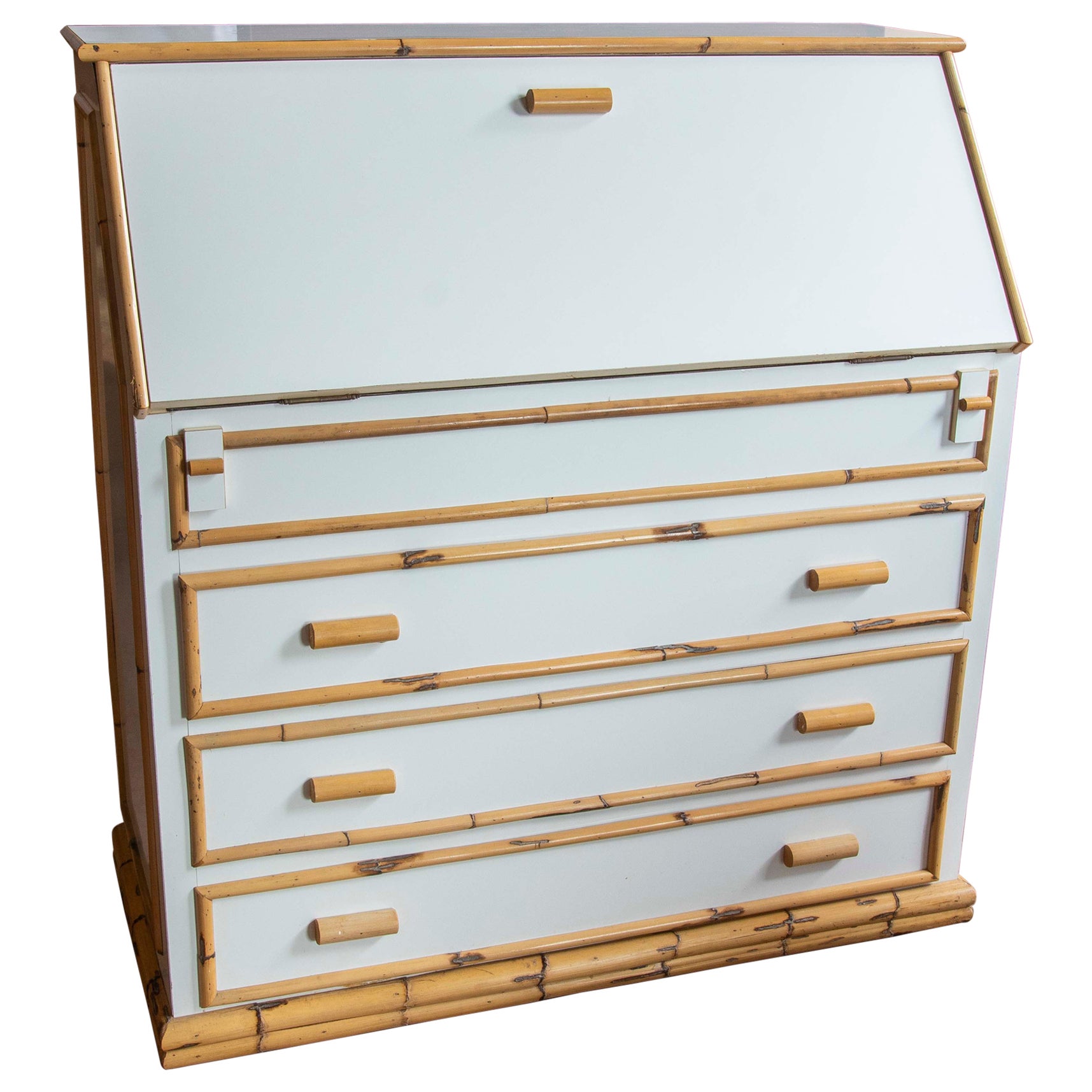 Bamboo and Formica White Desk Chest with Drawers and Secretary Unit  For Sale