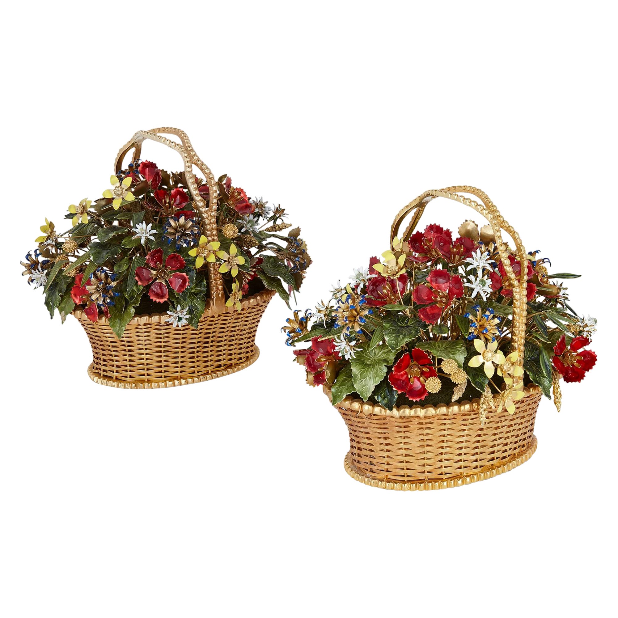 Pair of Gilt-Metal and Enamel ‘Fleurs des Siècles’ Flower Baskets For Sale