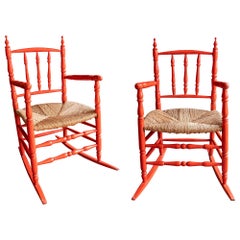 Spanish Pair of  style wooden rocking chairs with Bulrush and Painted in Red