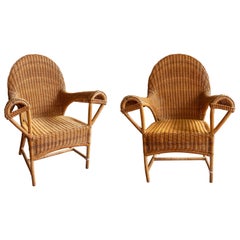 Retro Pair of Two Fabulous Bamboo and Wicker Design Armchairs 