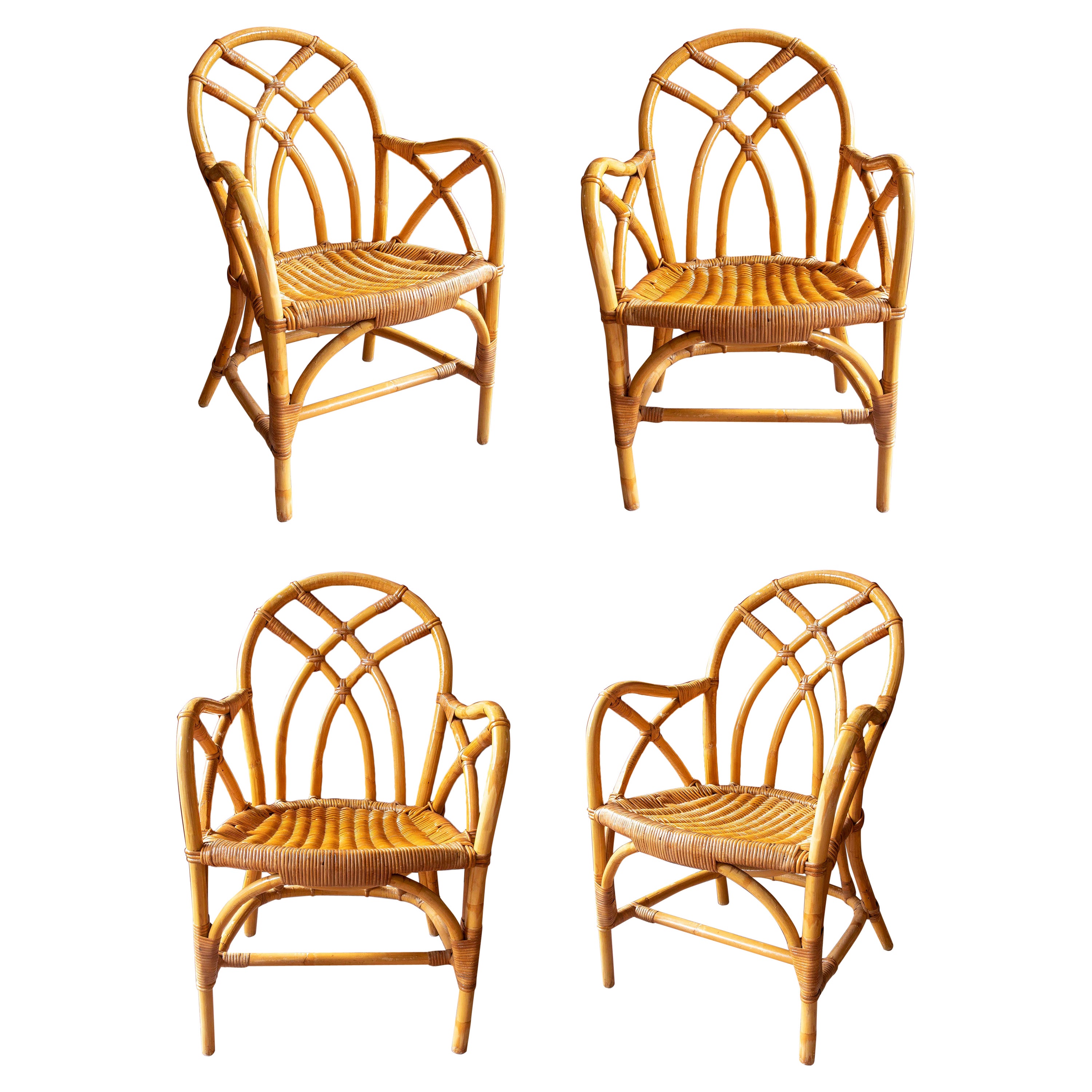 1960s English Set of Four Wicker Armchairs For Sale