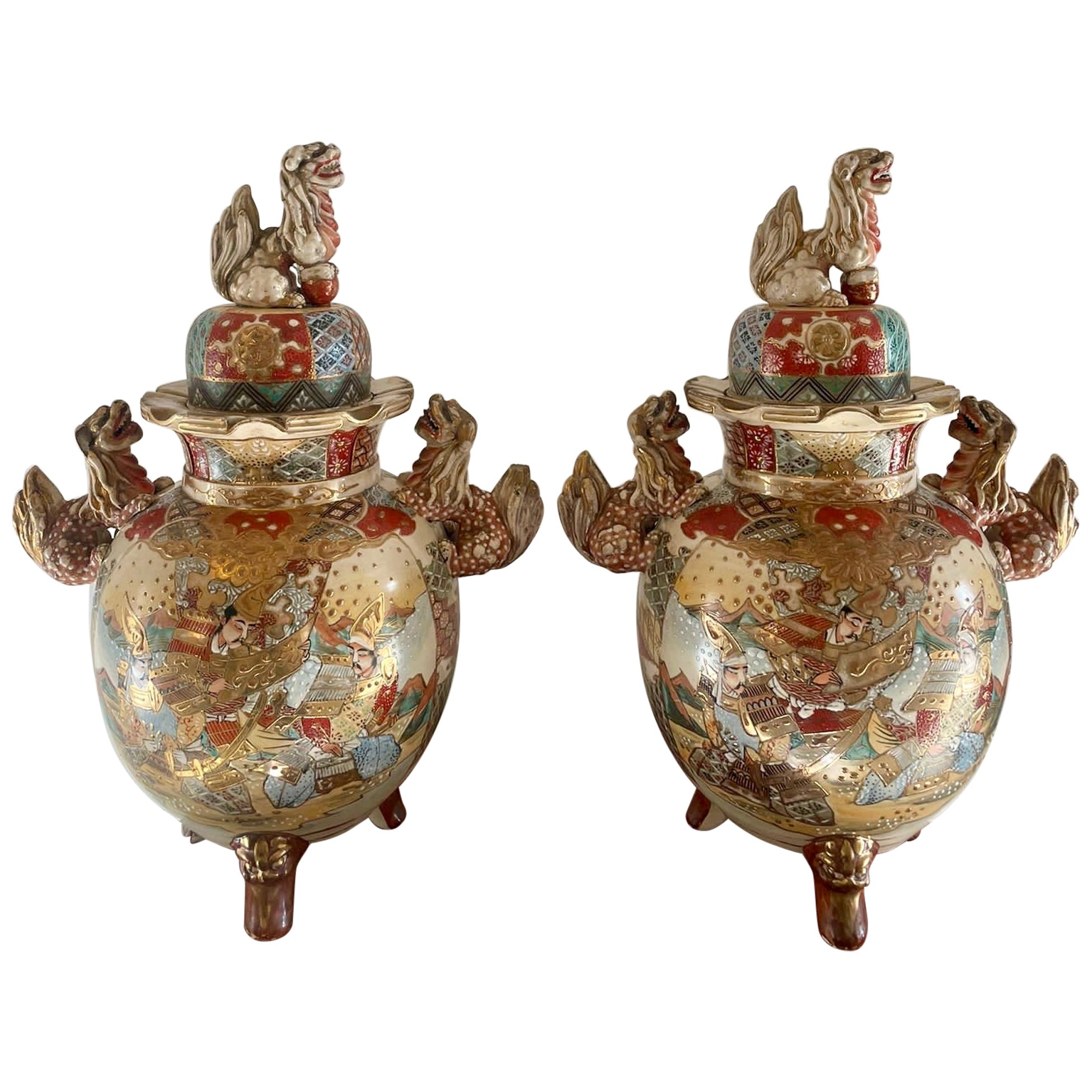 Pair of Large Antique Japanese Quality Satsuma Lidded Vases For Sale