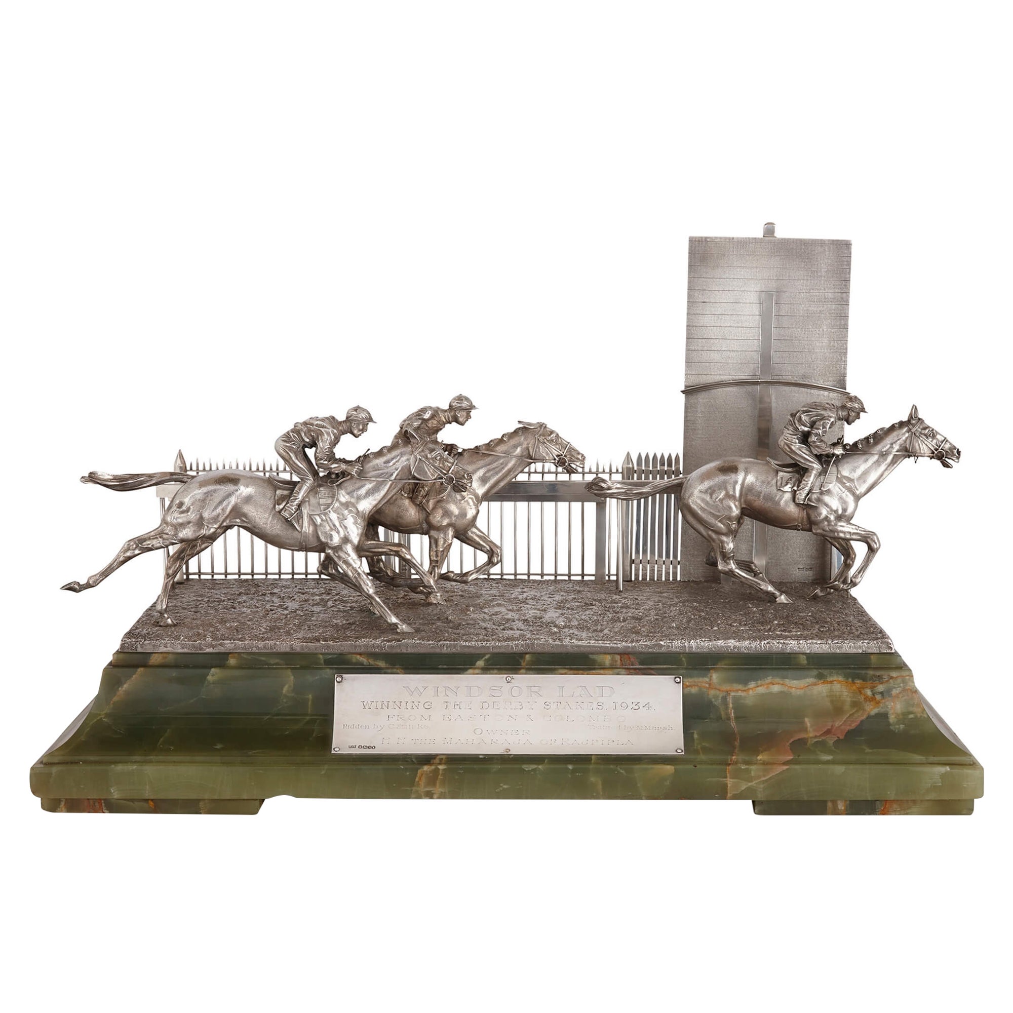 Silber- und Onyx-Pferdrennen-Skulptur von Mappin und Webb  im Angebot