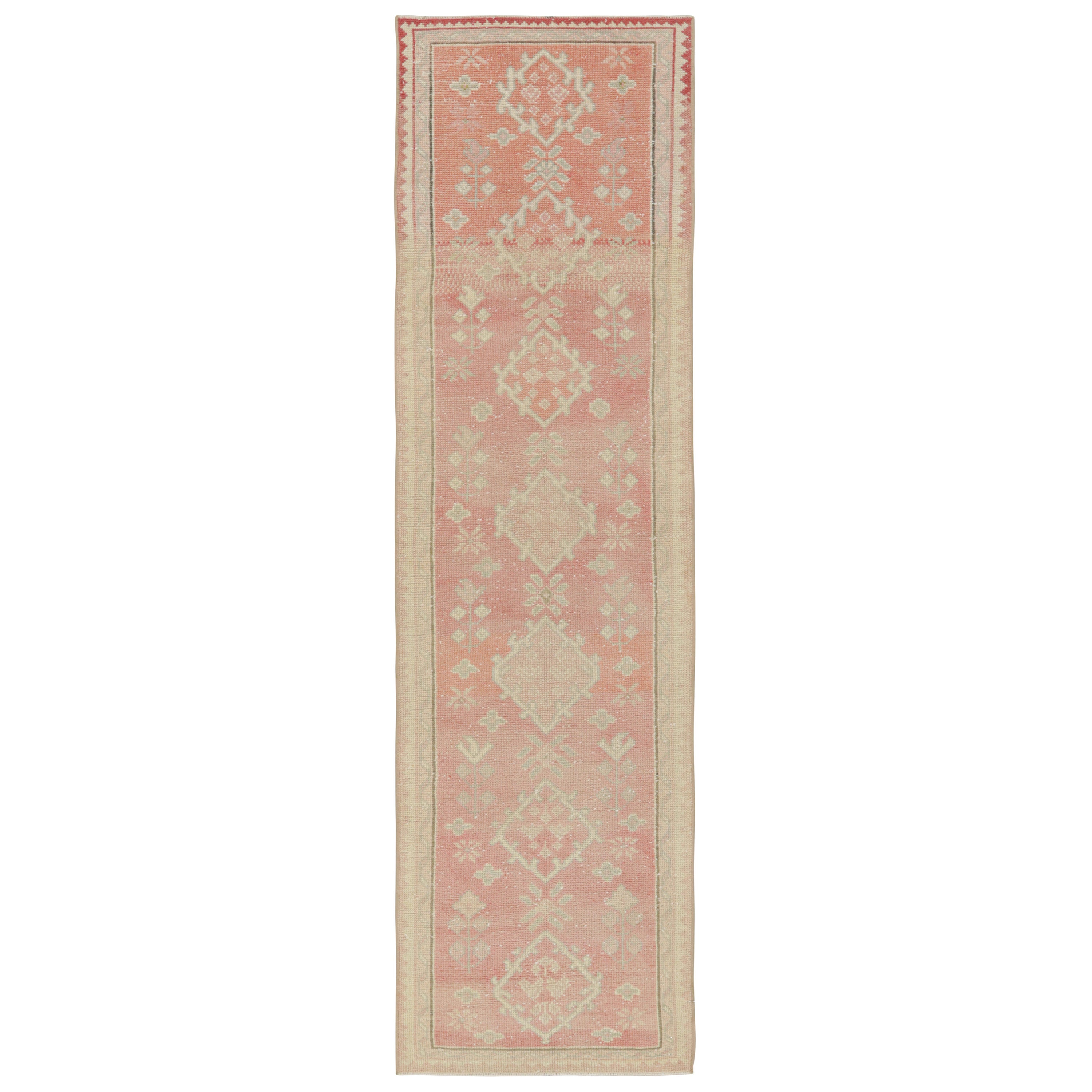 Vintage Oushak Style Runner Rug in Pink with Geometric Patterns from Rug & Kilim For Sale