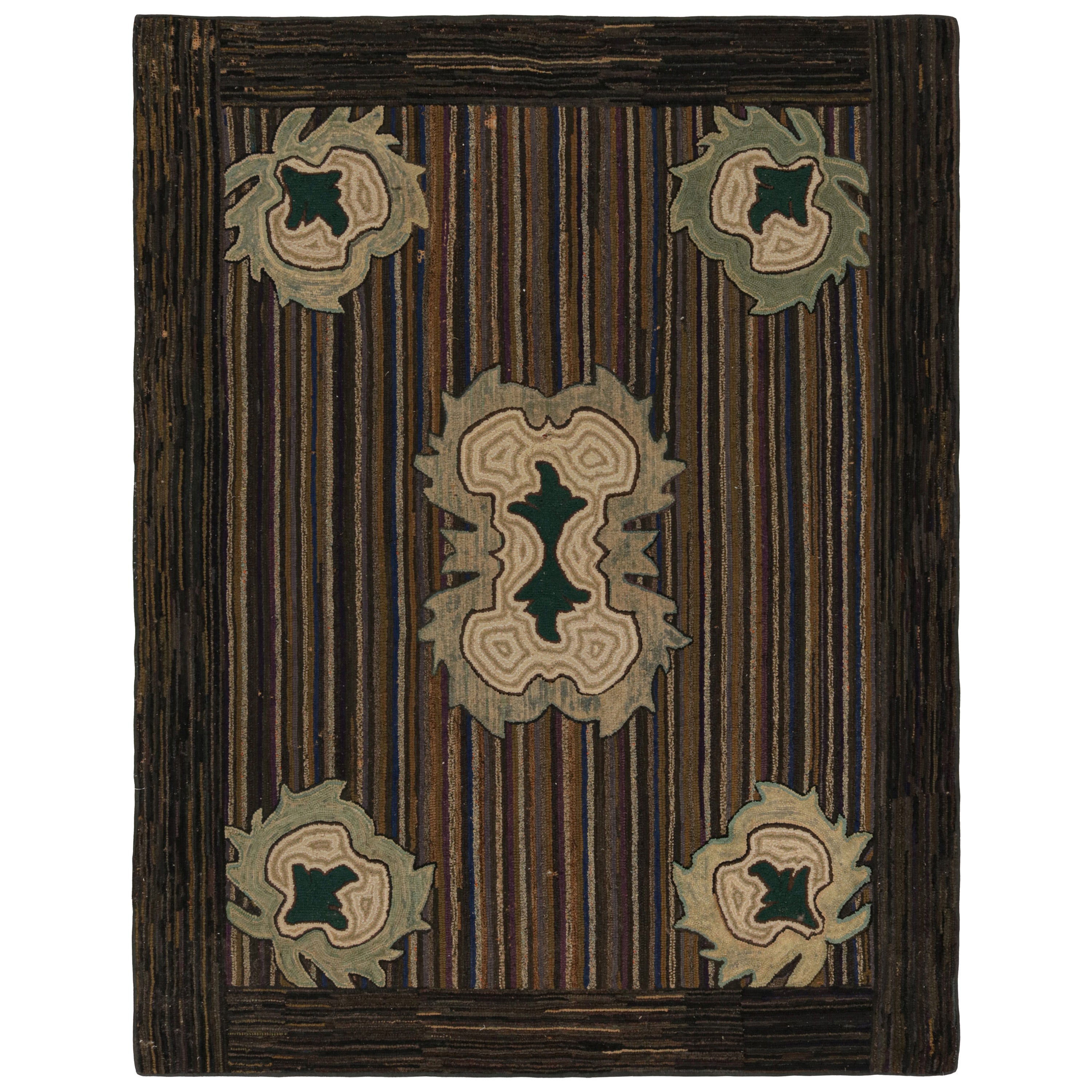 Antique Hooked Rug with Polychromatic Stripes and Medallions, from Rug & Kilim For Sale