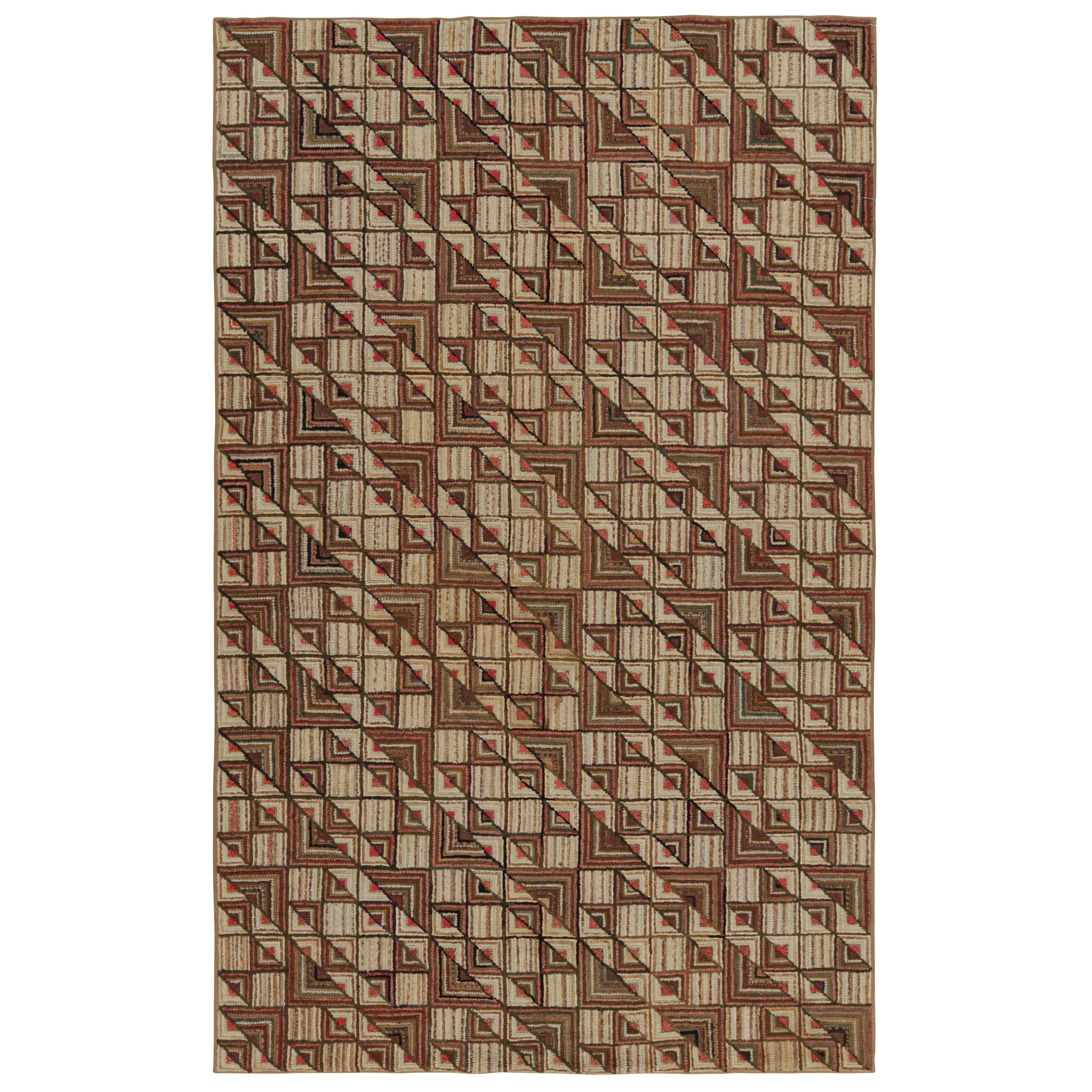 Antique Hooked Rug with Beige-Brown Geometric Patterns, from Rug & Kilim For Sale