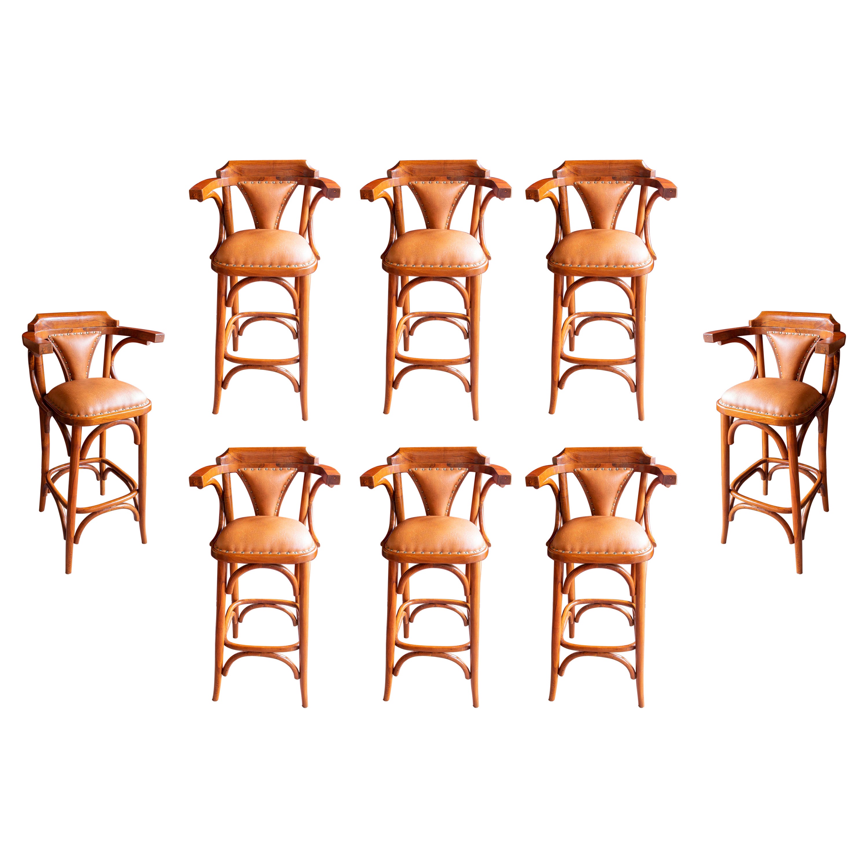 Set of Eight Upholstered Wooden Stools with Backrests  For Sale