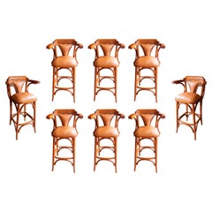 Retro Set of Eight Upholstered Wooden Stools with Backrests 