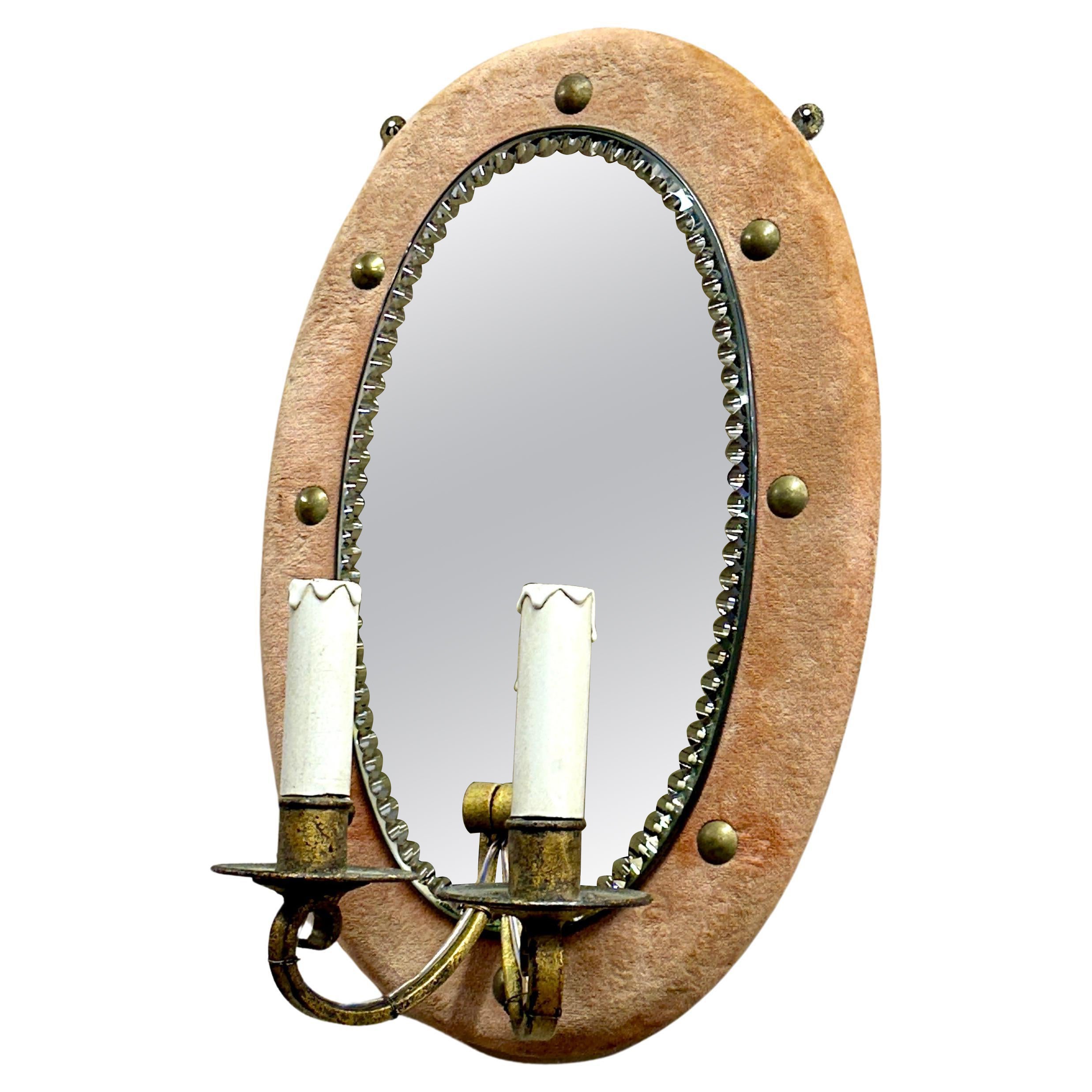 Peach Velvet Wall Mirror with Sconces For Sale