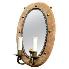 Vintage Peach Velvet Wall Mirror with Sconces