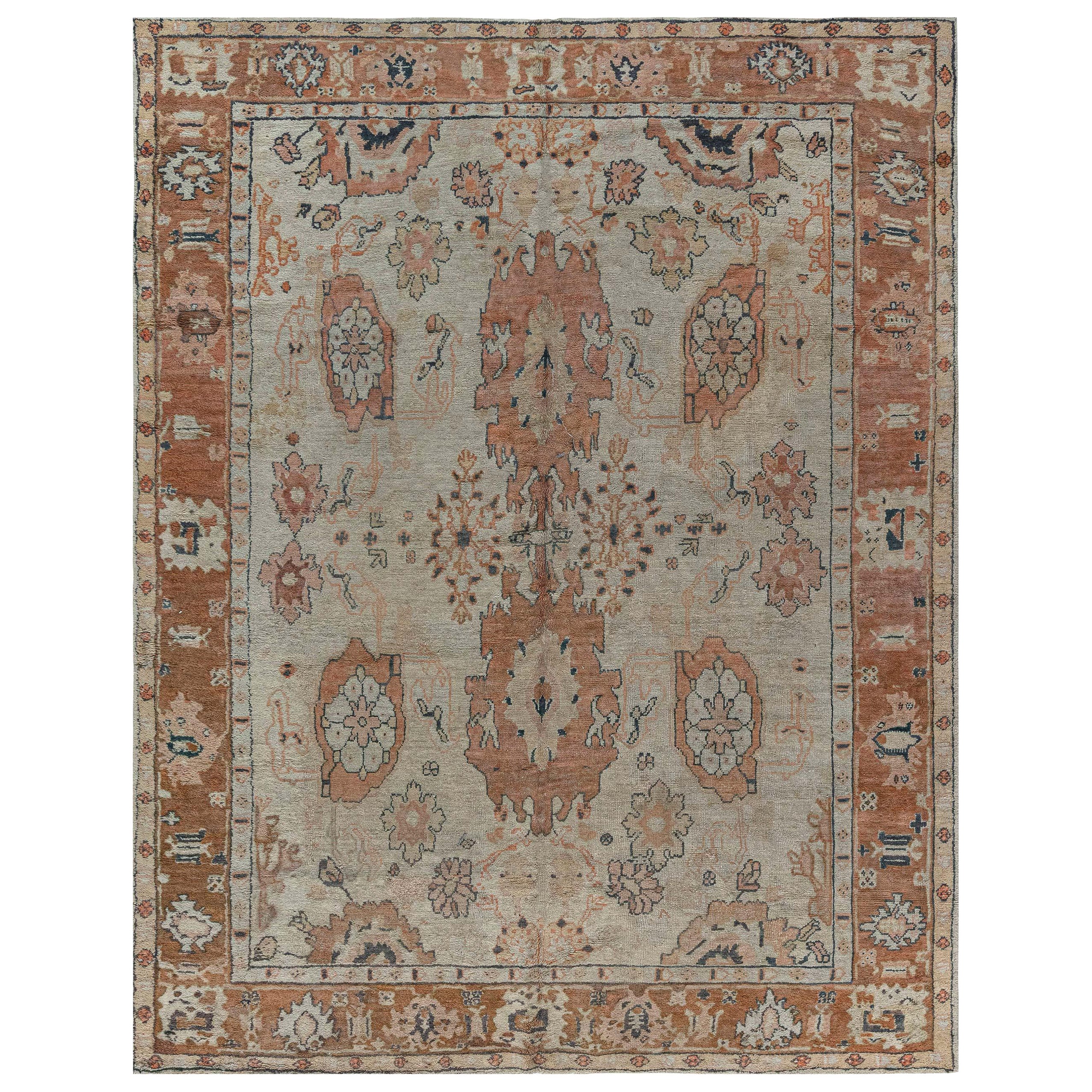 Early 20th Century Turkish Oushak Botanic Handmade Wool Rug