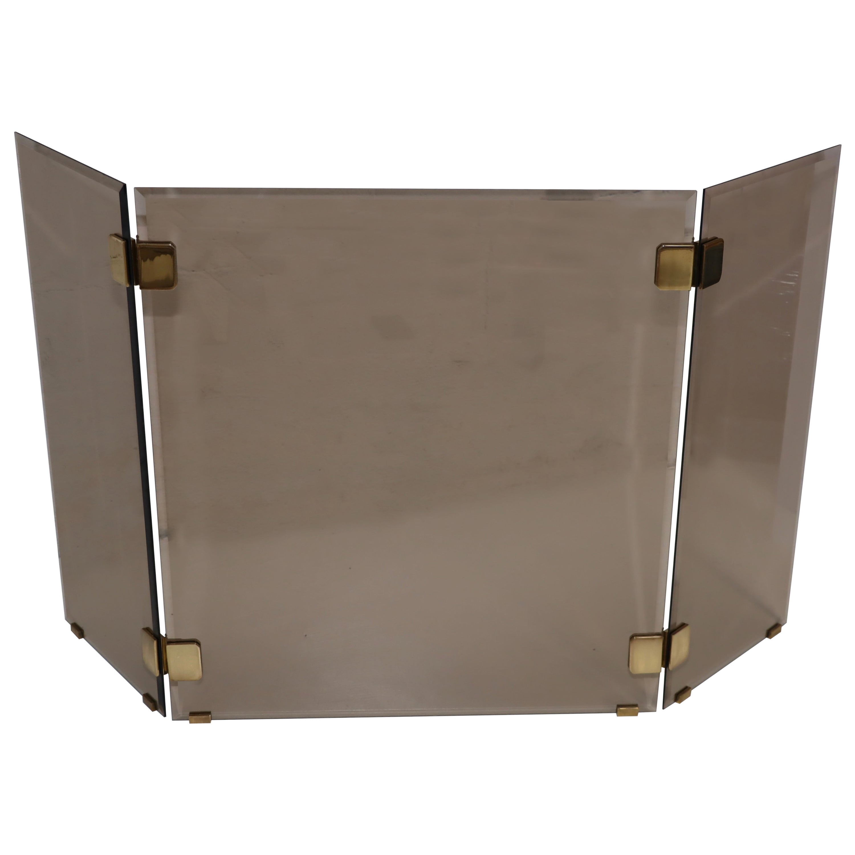 1980's Brass And Glass Tri-Fold Fireplace Screen For Sale