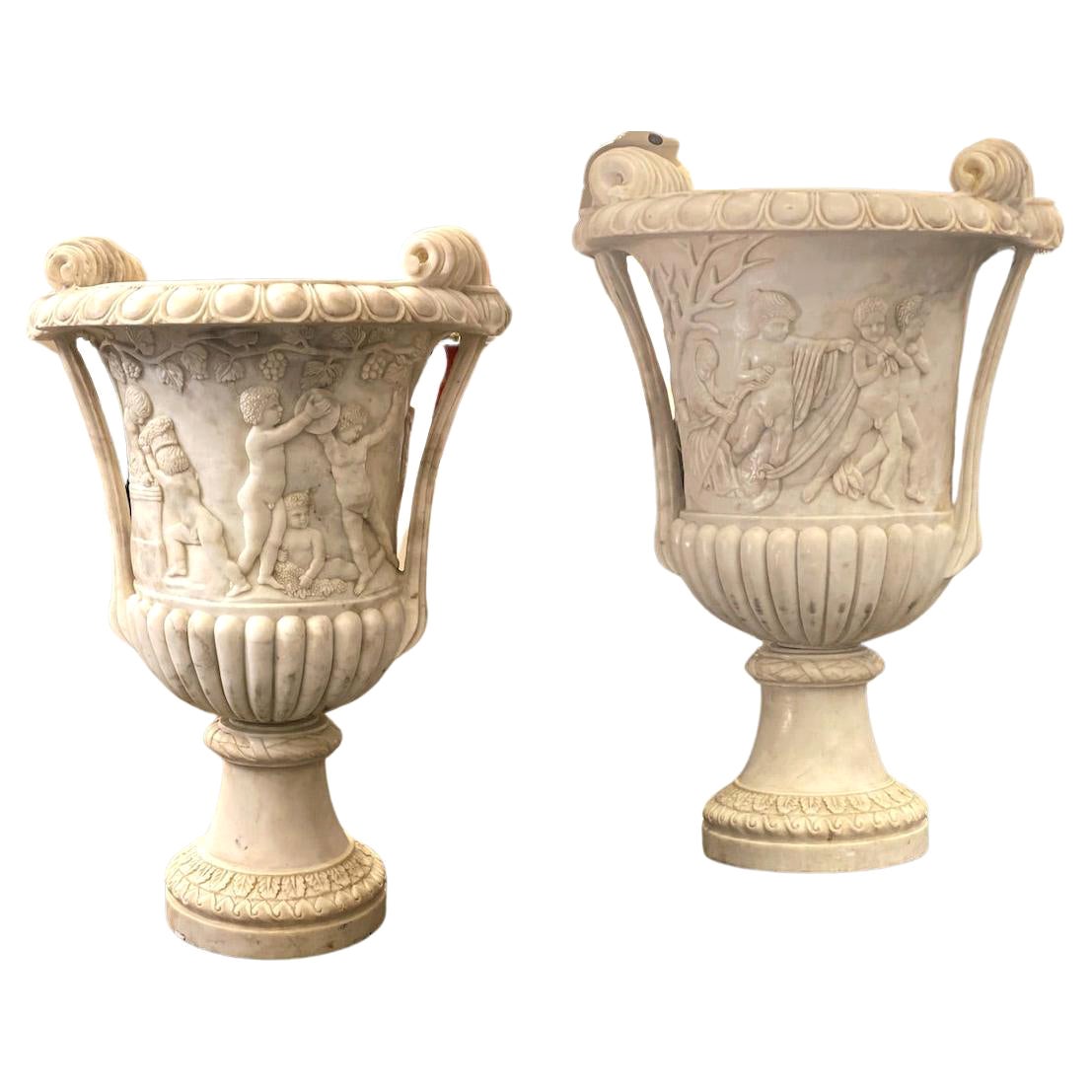 Pair of Exceptional Carrara White Marble Vases Grand Tour  For Sale