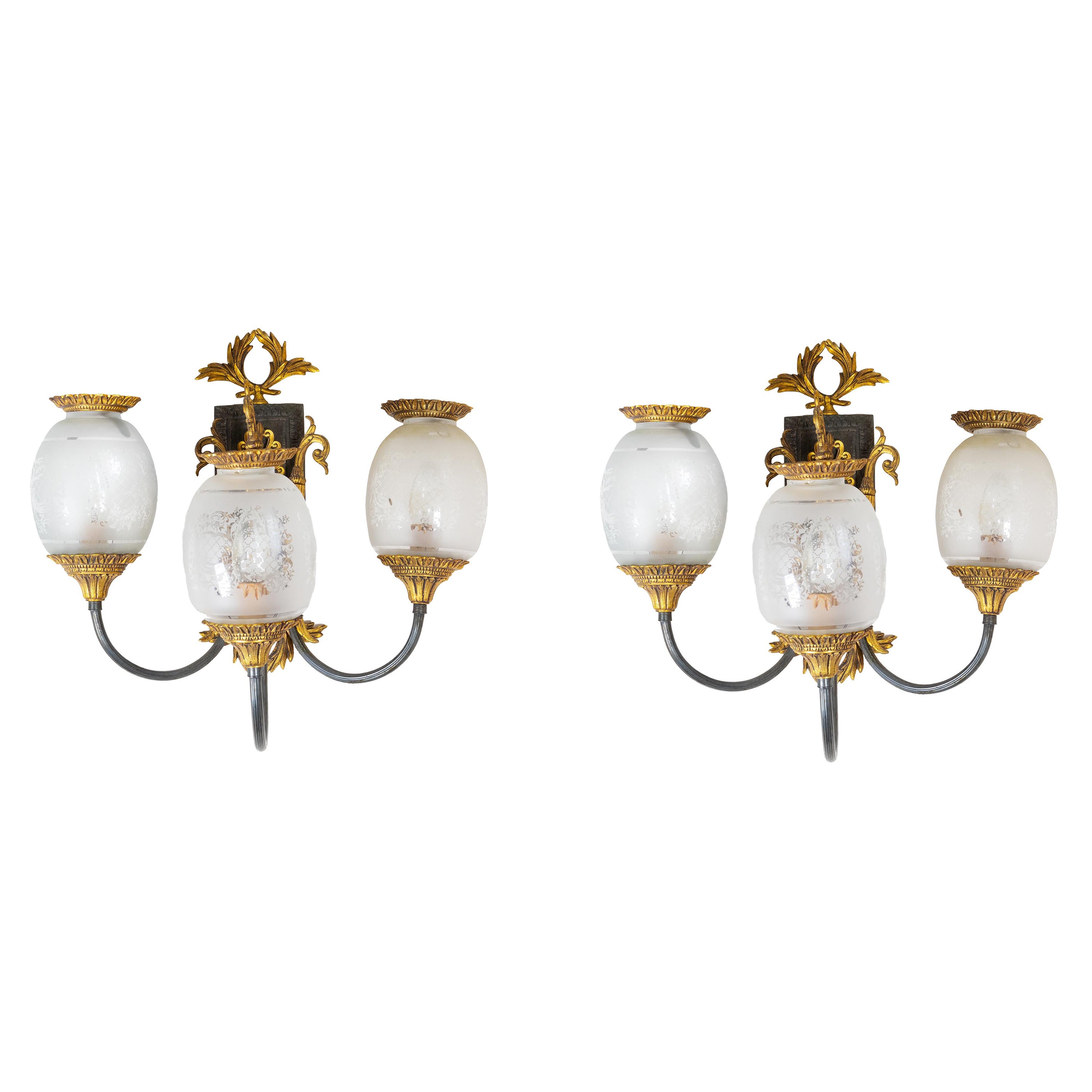 Three Lights Bronze Empire Inspired Modern Sconces, 20th Century For Sale