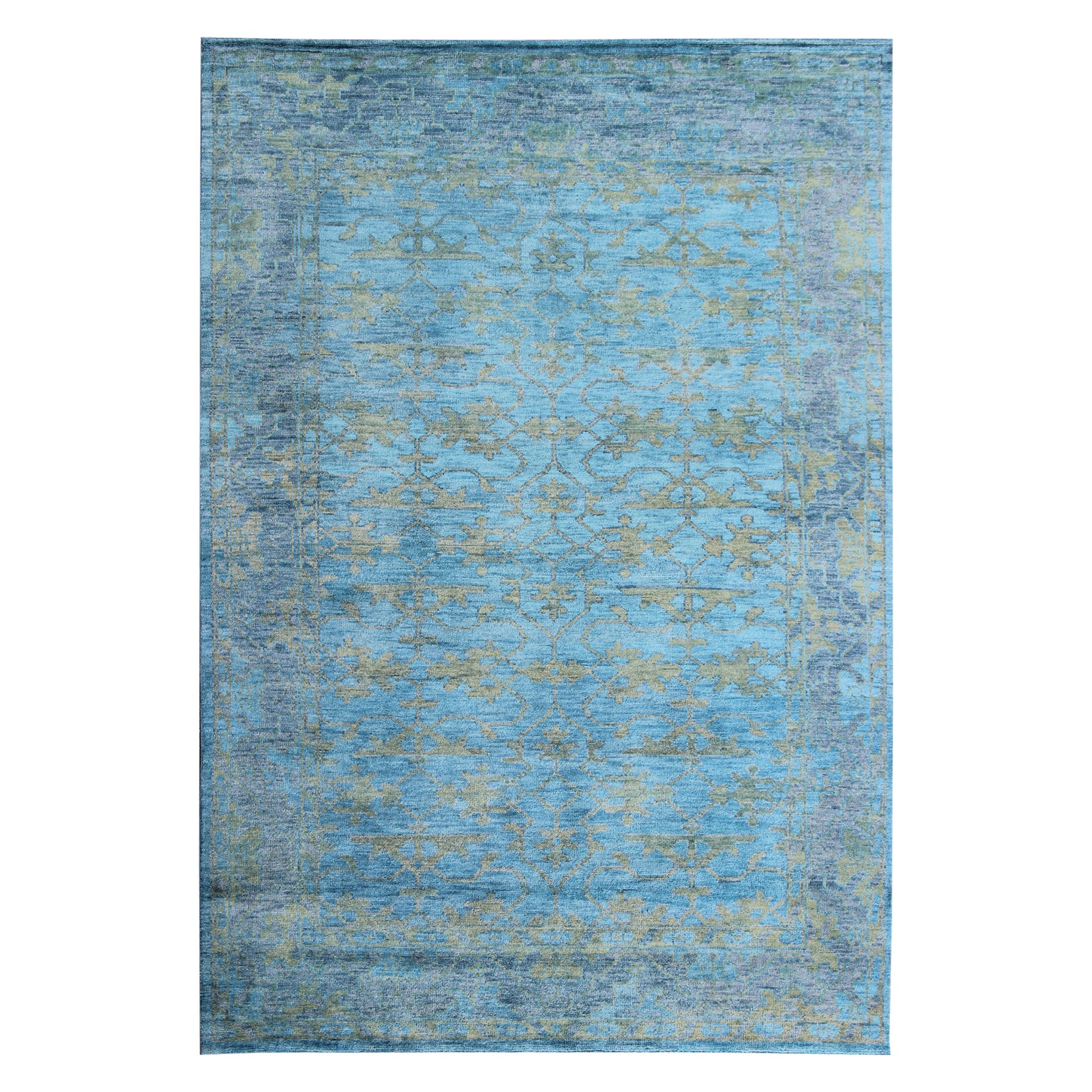 Keivan Woven Arts Large Oushak Design Rug in Blue, Gray and Yellow Green