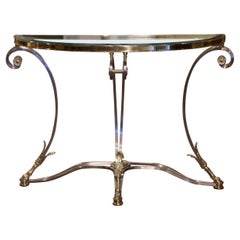 Antique French Jansen Style Brushed Steel and Brass Glass Top Demilune Console 