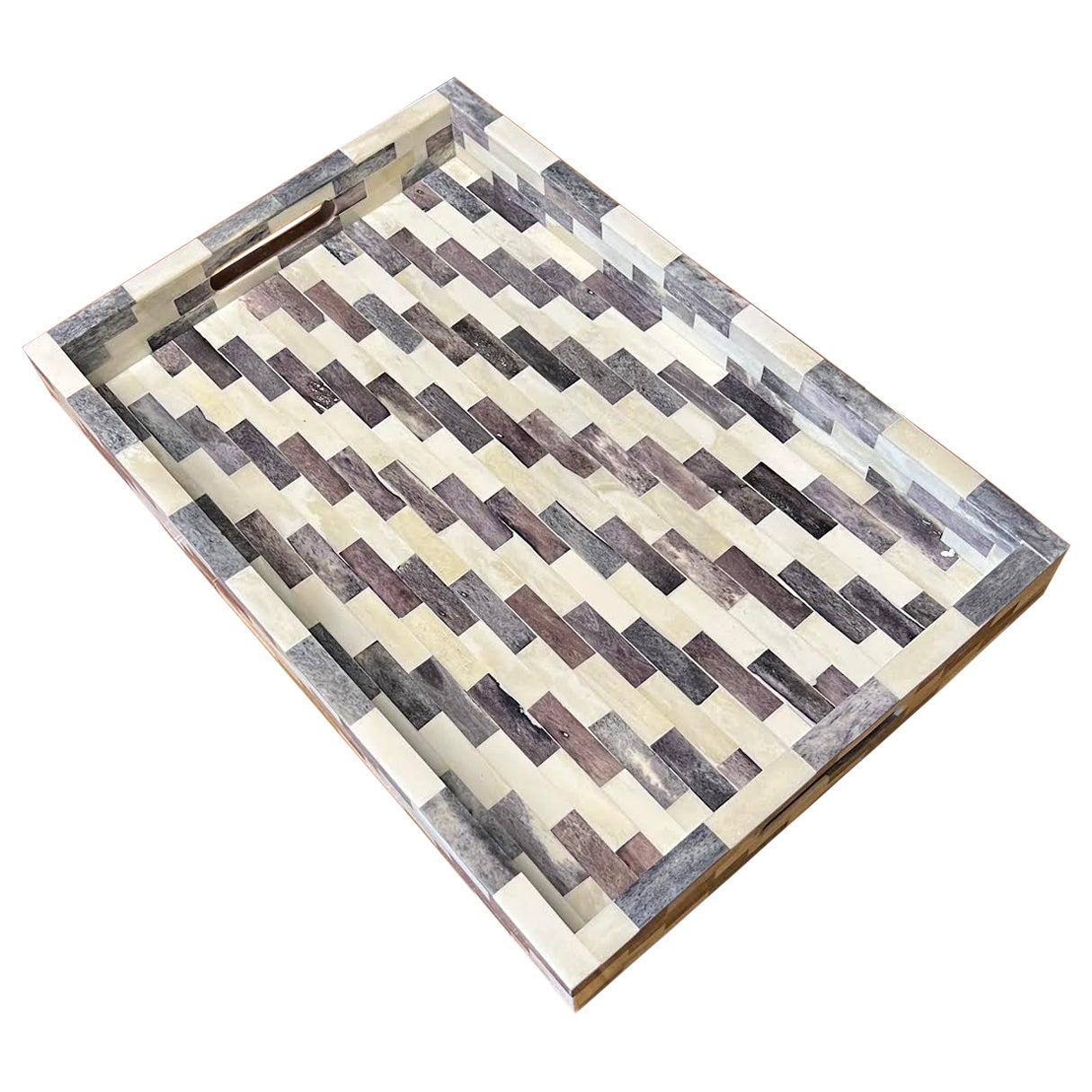 Grey And Cream Geometric Design Bone Tray, India, Contemporary For Sale