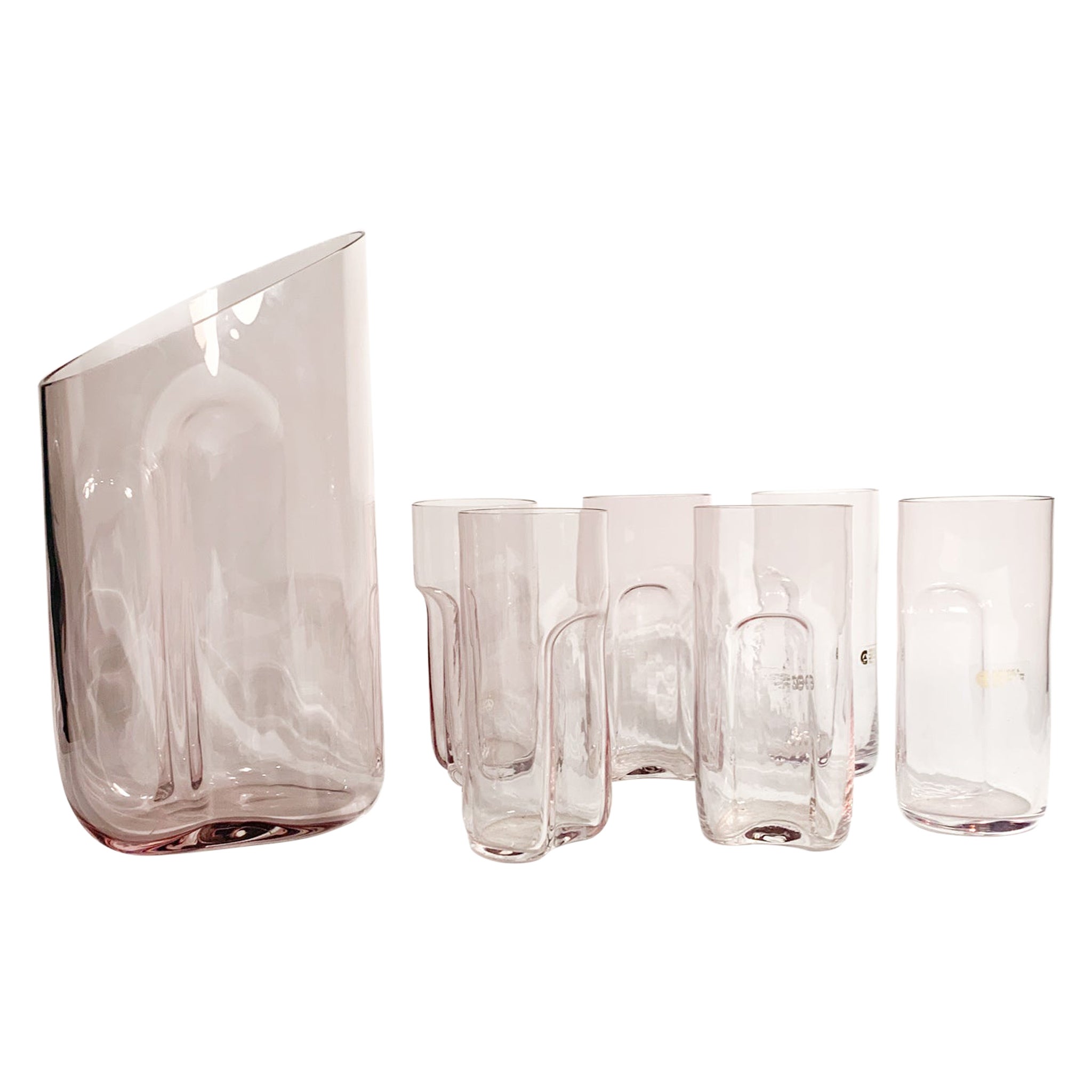 Set of Six Glasses and Carafe in Murano Glass by Cenedese and Albarelli 1970s For Sale