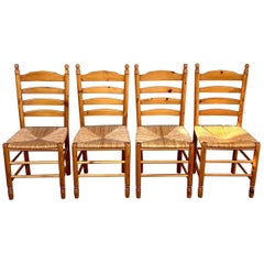 Retro Set of Four Italian Pine Ladder-back Dining Chairs with Rush Seats
