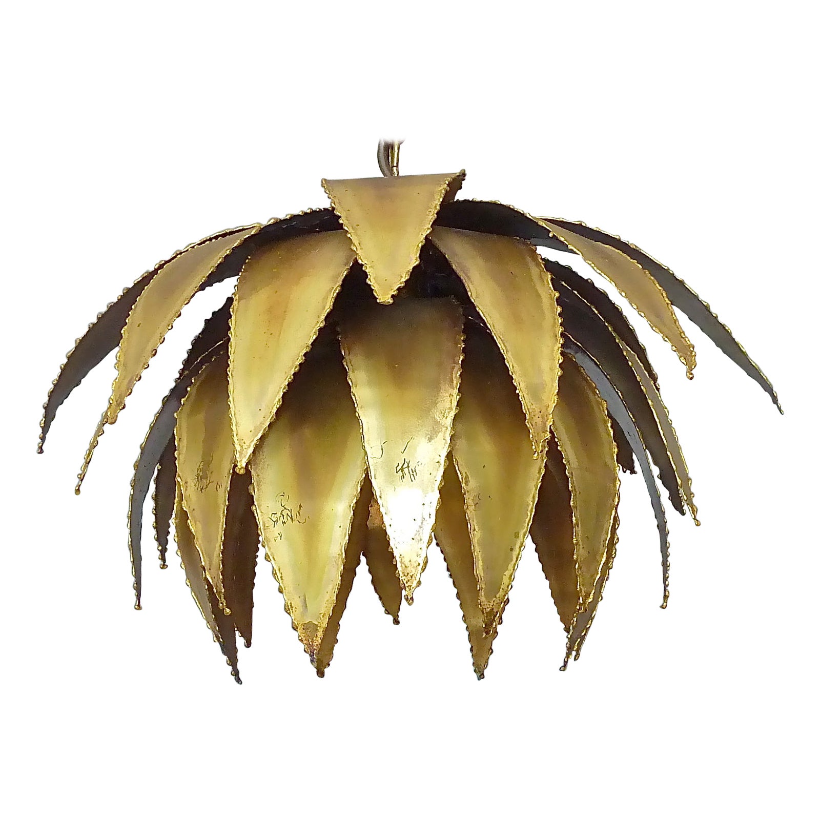 Lustre français unique Maison Jansen Artichoke Palm Leaf en laiton patiné des années 1970