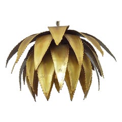 Unique French Maison Jansen Artichoke Palm Leaf Chandelier Patinated Brass 1970s