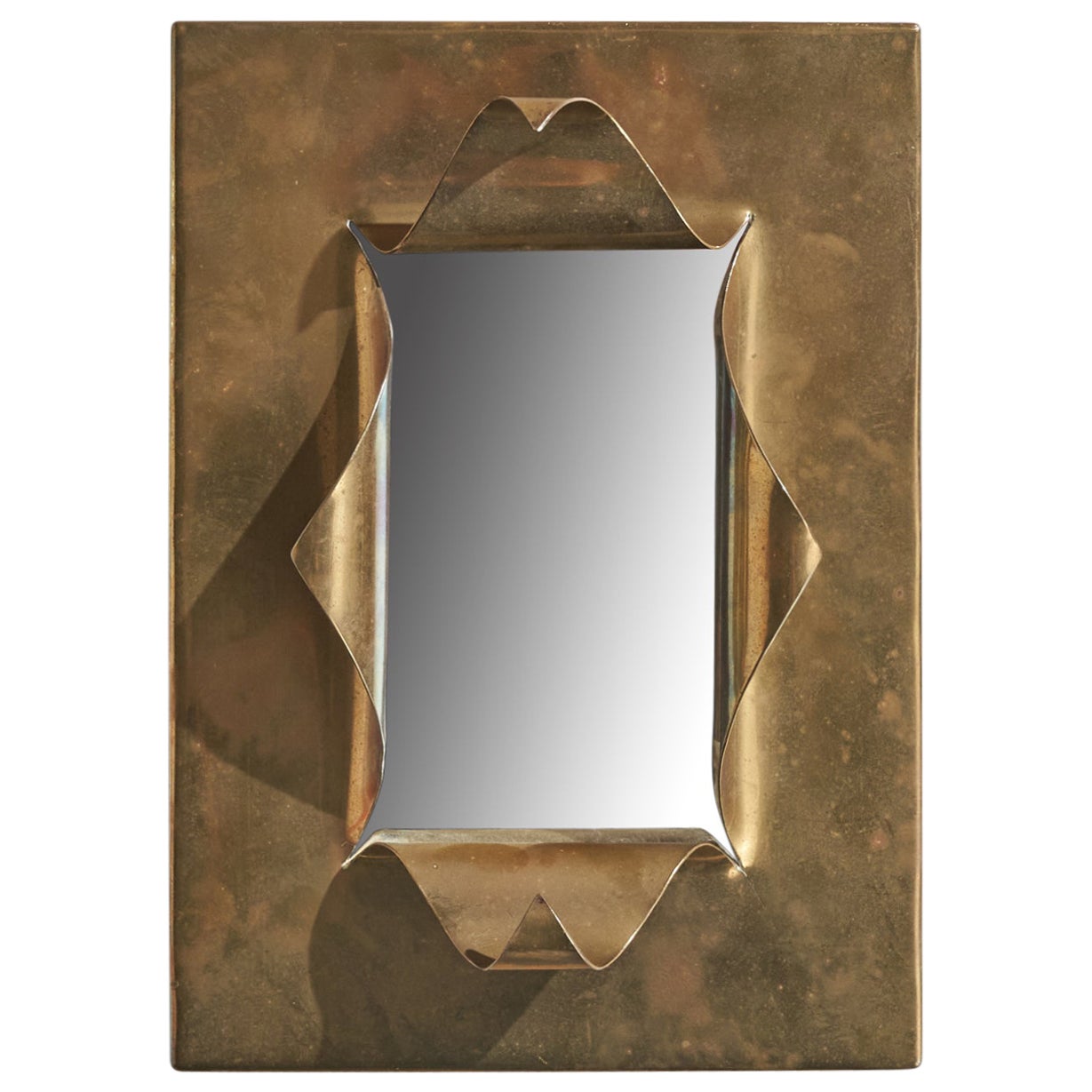 Italian Designer, Small Sculptural Mirror, Brass, Italy, 1930s For Sale