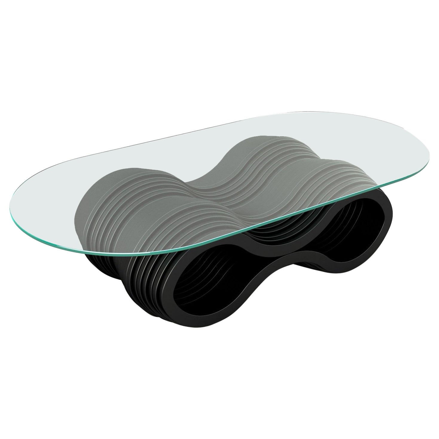 Dune Coffee Table, Modern Black Lacquered Coffee Table with Clear Glass Top For Sale