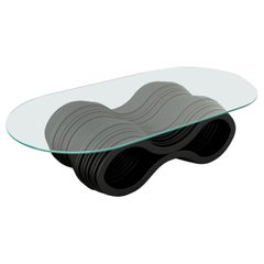 Dune Coffee Table, Modern Black Lacquered Coffee Table with Clear Glass Top