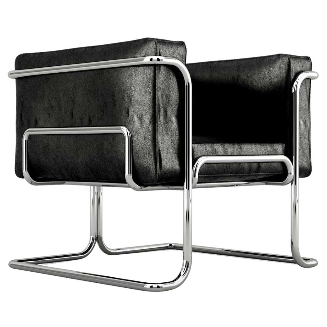 Lotus Armchair, Modern Black Leather Sofa with Stainless Steel Legs For Sale