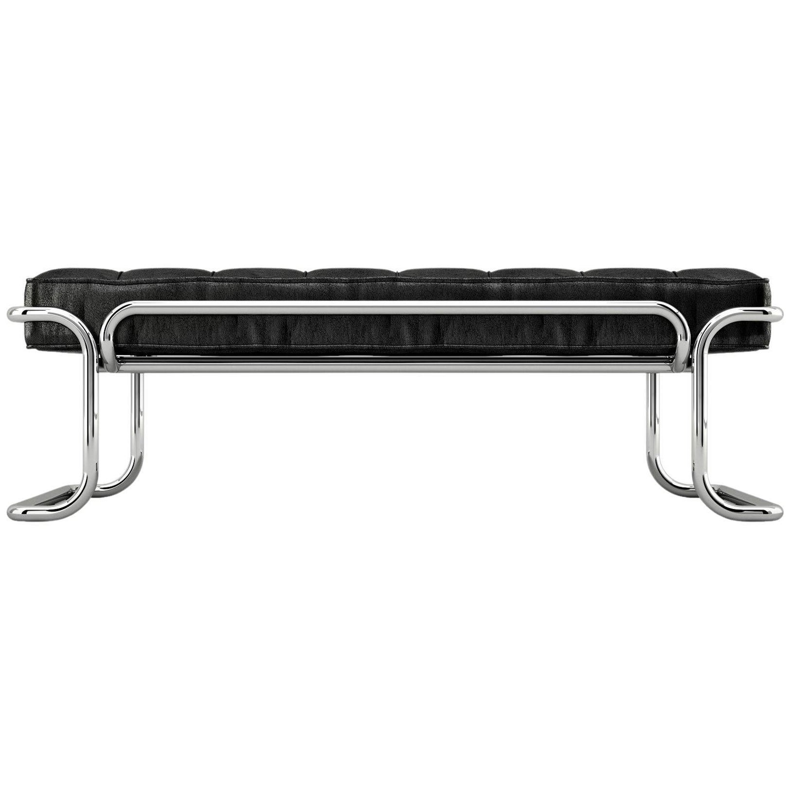 Lotus Banquette - Modern Black Leather Sofa with Stainless Steel Legs For Sale