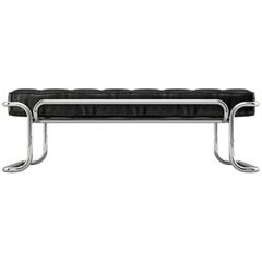 Lotus Banquette - Modern Black Leather Sofa with Stainless Steel Legs
