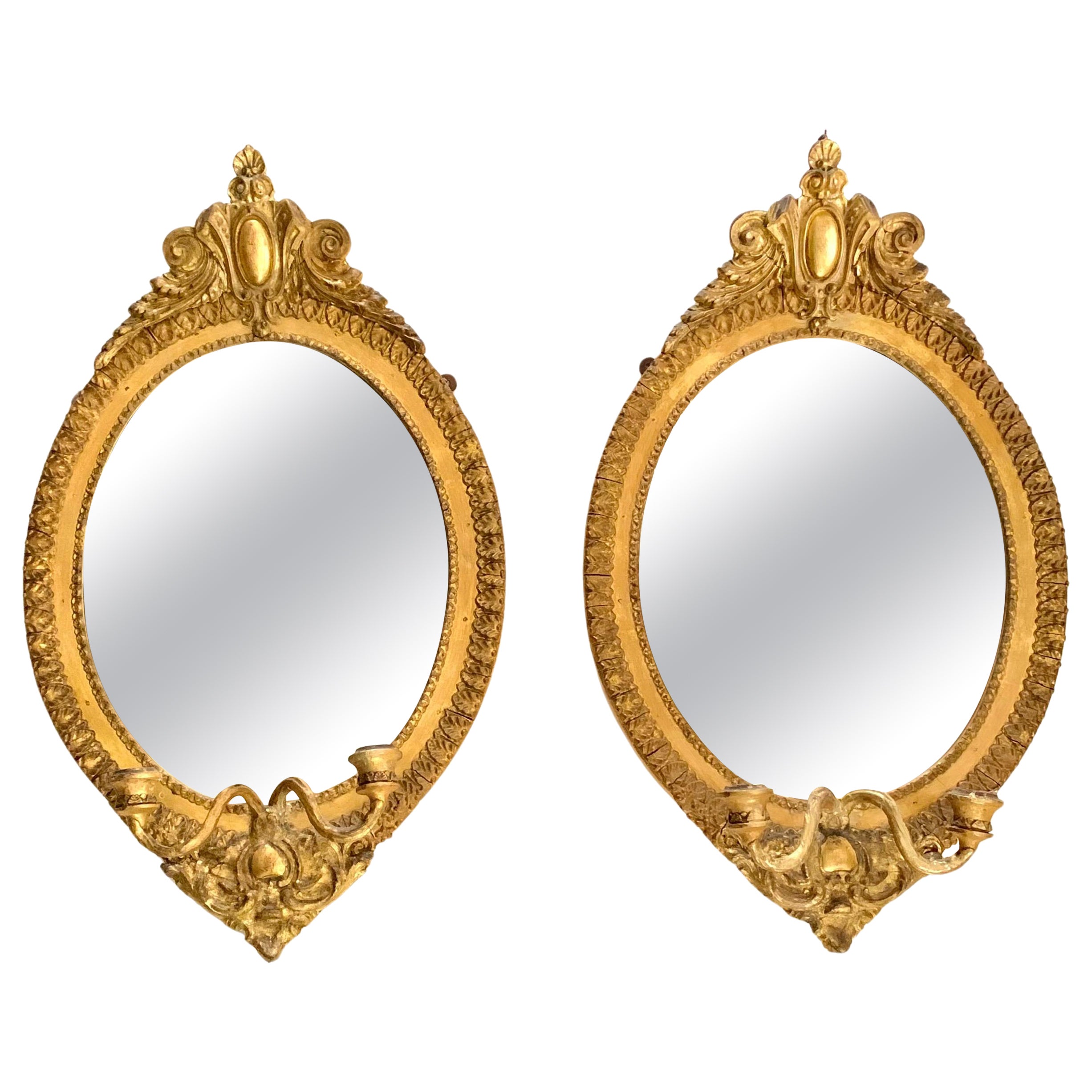 Pair 19th Century Neoclassical Style Giltwood Oval Girandole Mirrors For Sale
