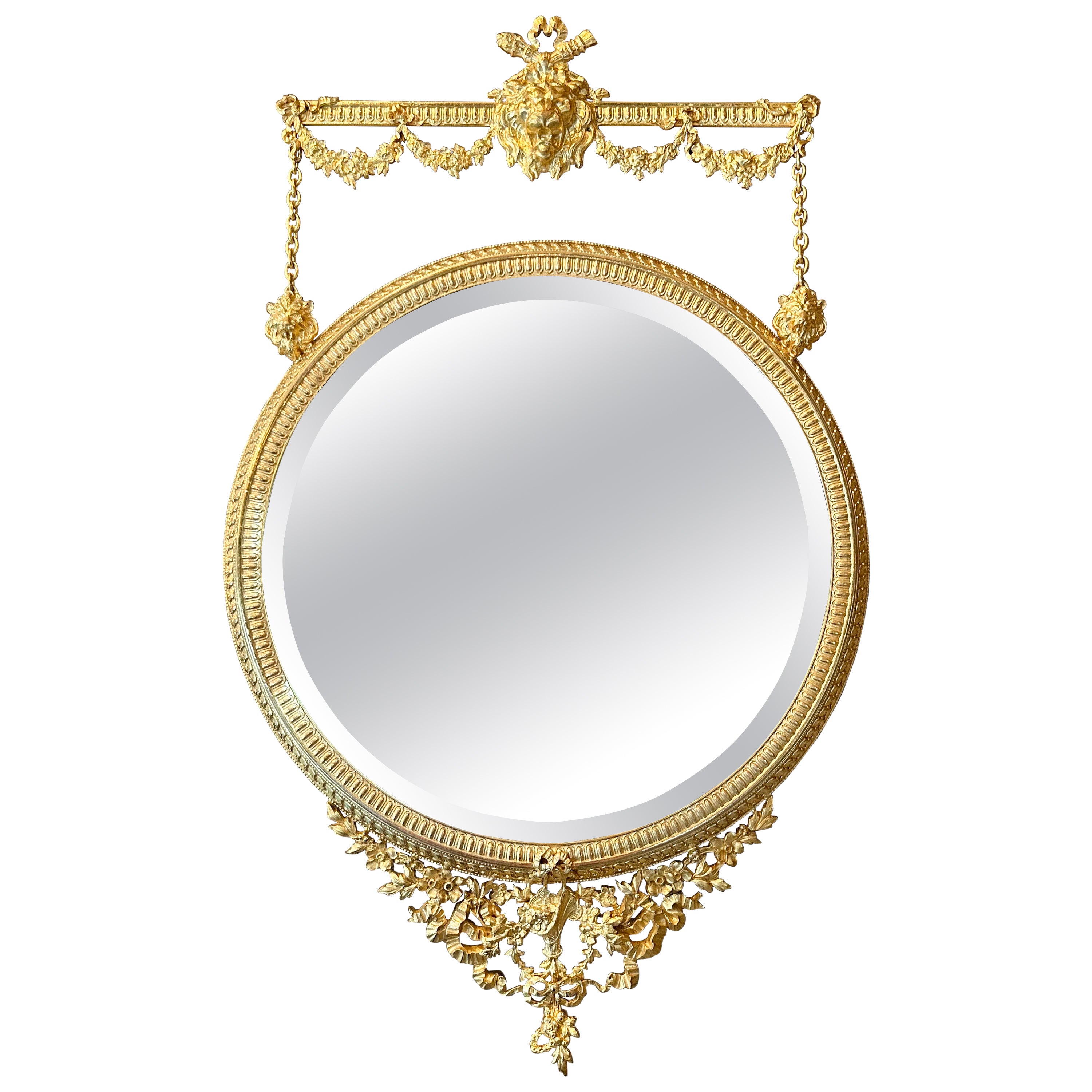 Antique French Louis XVI Bronze D'Ore Hanging Mirror, Circa 1890. For Sale