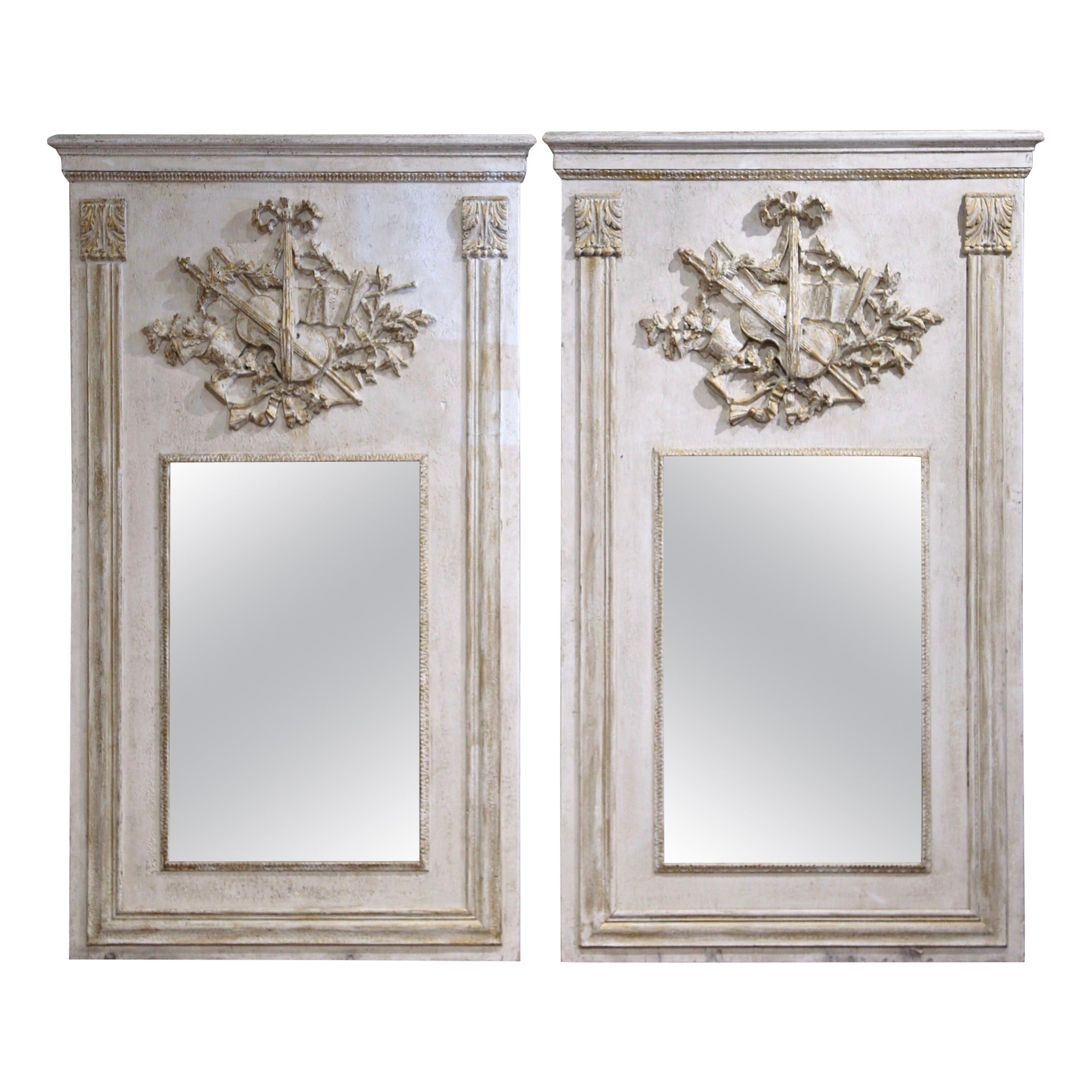 Pair of Mid-Century French Carved and Painted Trumeaux Mirrors from Normandy