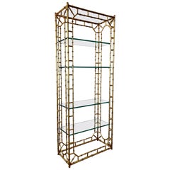 Vintage Chinoiserie Style Faux Bamboo Gilt Iron Bookshelf Étagère