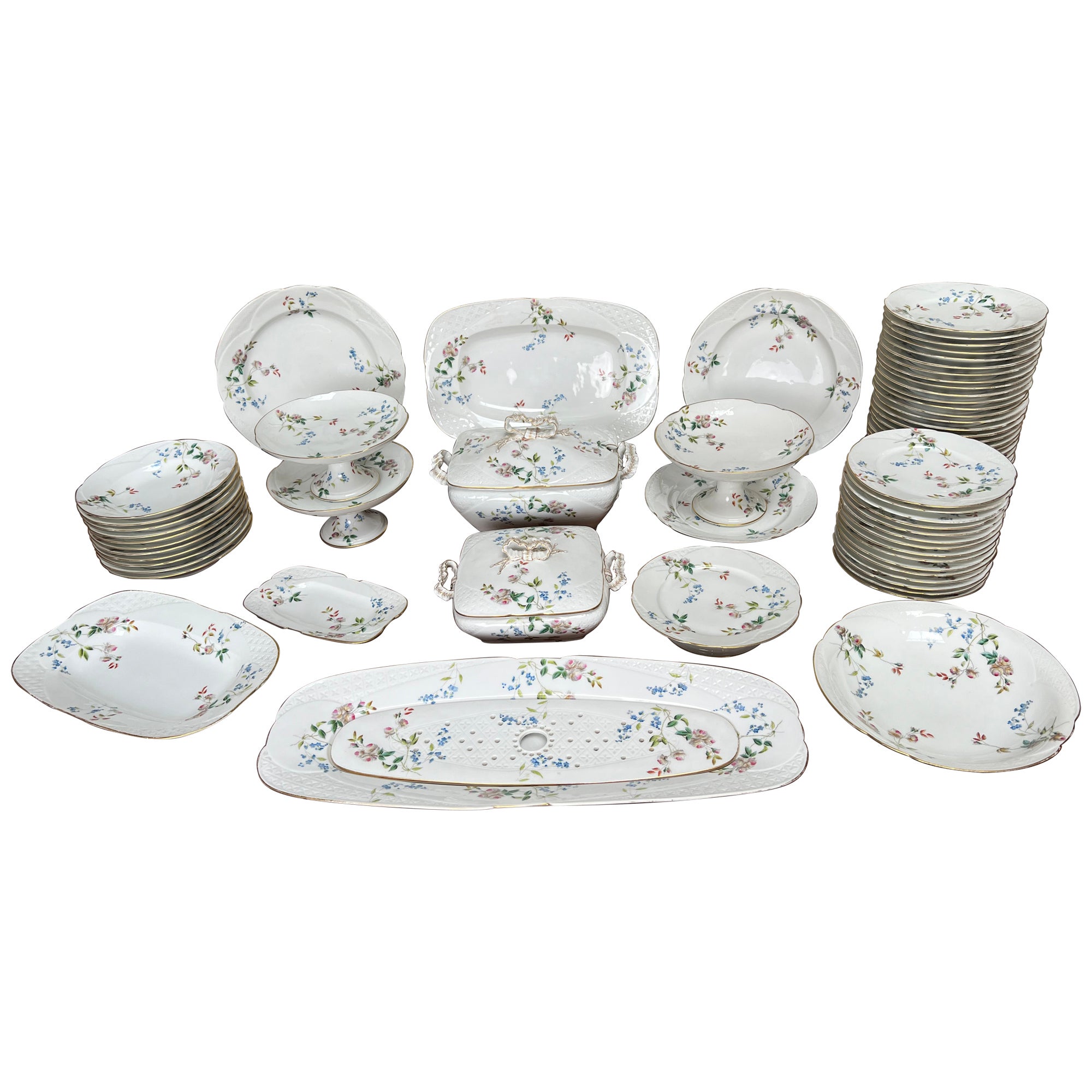 Grande set di servizi da tavola in porcellana francese in stile Luigi XV con colori rosa e blu