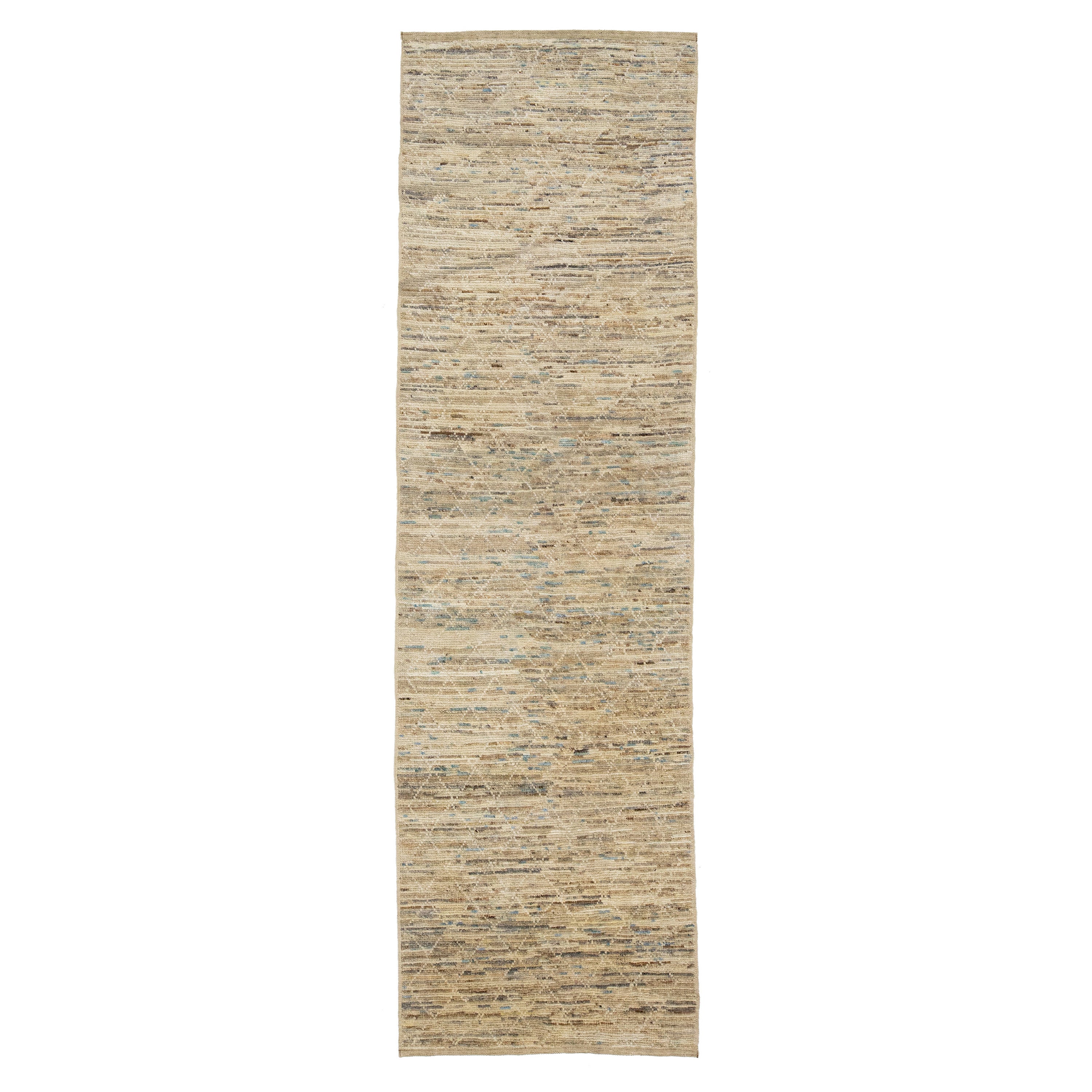 Beige Modern Moroccan Style Wool Runner With Tribal Motif For Sale