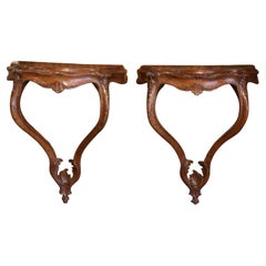 Antique Pair of 19th Century Louis XV Carved Walnut Wall Brackets Consoles from Provence