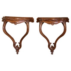 Pair of 19th Century Louis XV Carved Walnut Wall Brackets Consoles from Provence