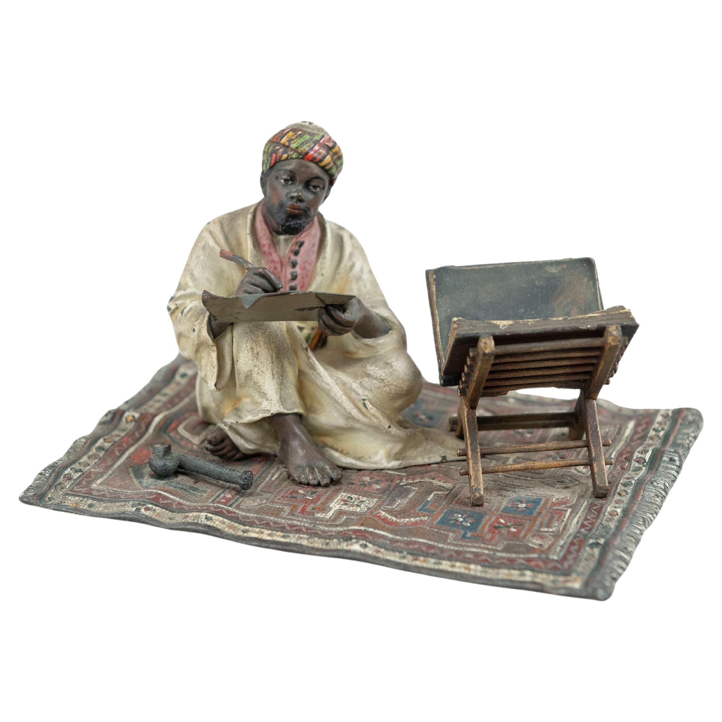 Orientalista  Hombre de Vienna Bronze pintado en frío sobre alfombra, escritura, por Franz Bergmann