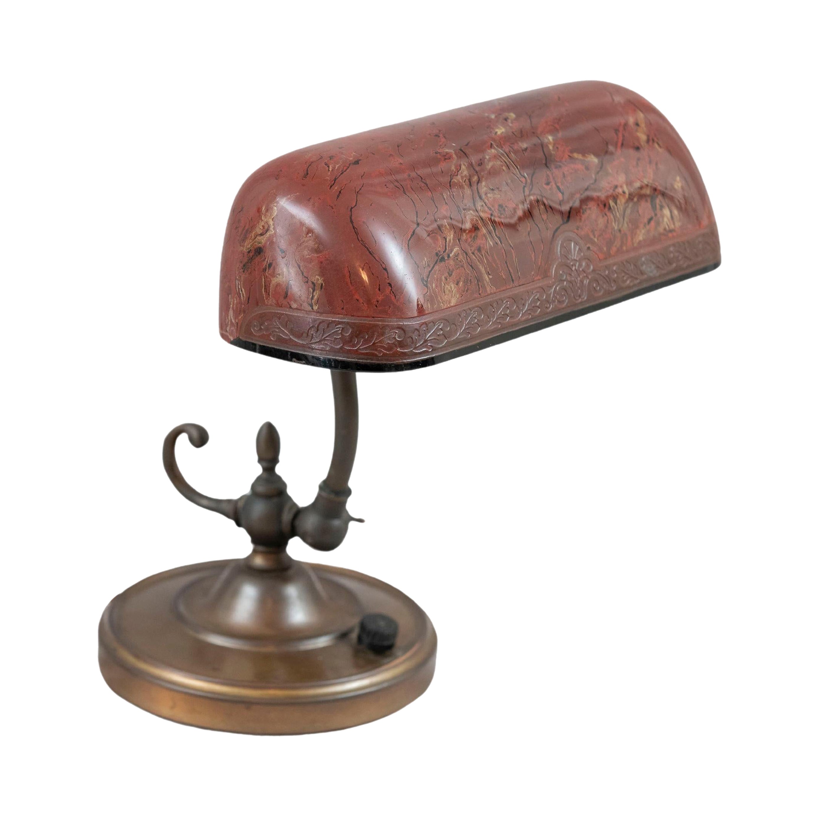 "Emeralite Co". Banker's Lamp w/ Art Glass Glass Shade by "Bellova", ca. 1920
