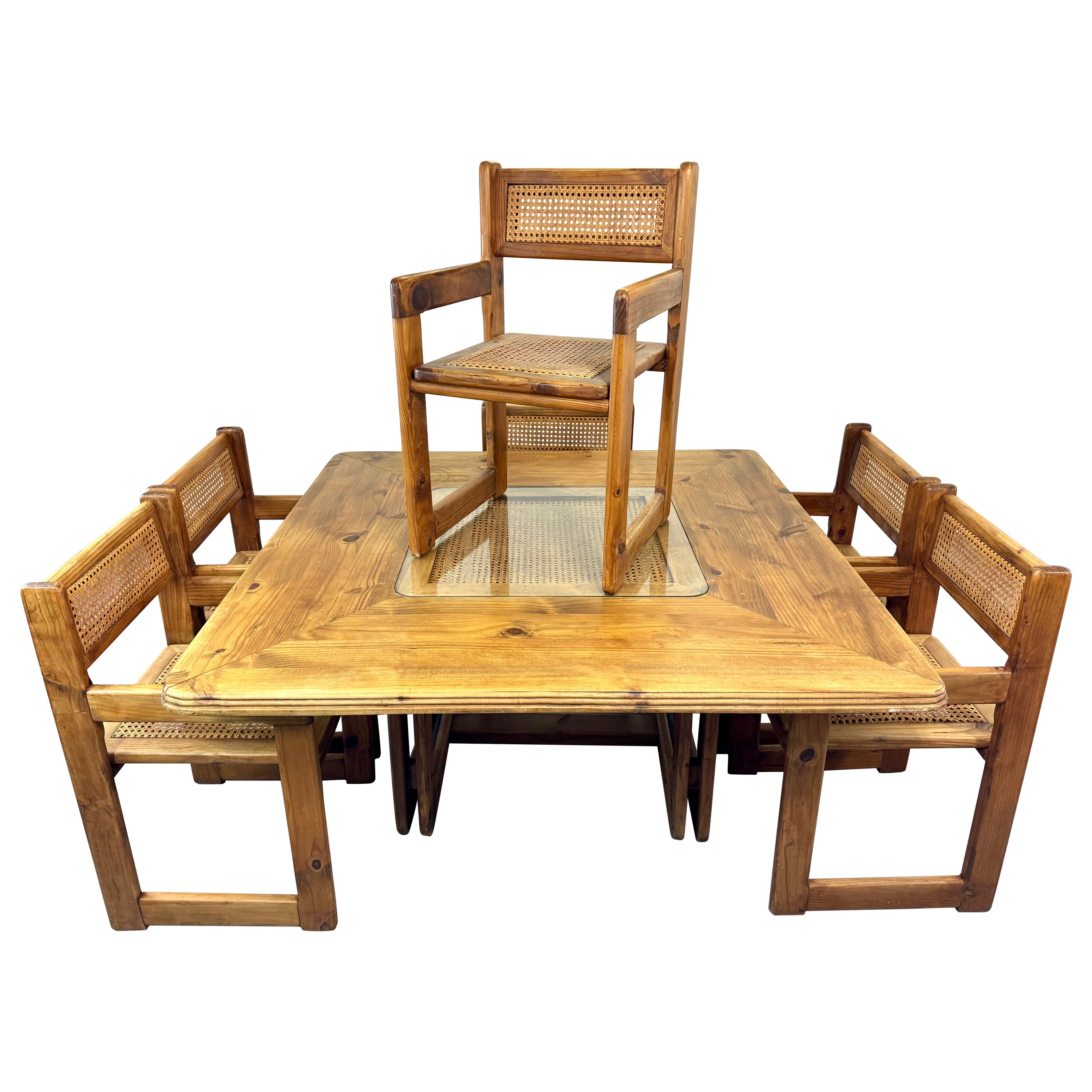 Set of six French Pinewood and Papercord chairs with Table  For Sale