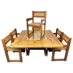 Retro Set of six French Pinewood and Papercord chairs with Table 