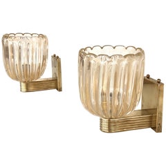 Used Italian Brass and Murano Glass Wall Lights or Sconces in Art Deco Style, 1990s