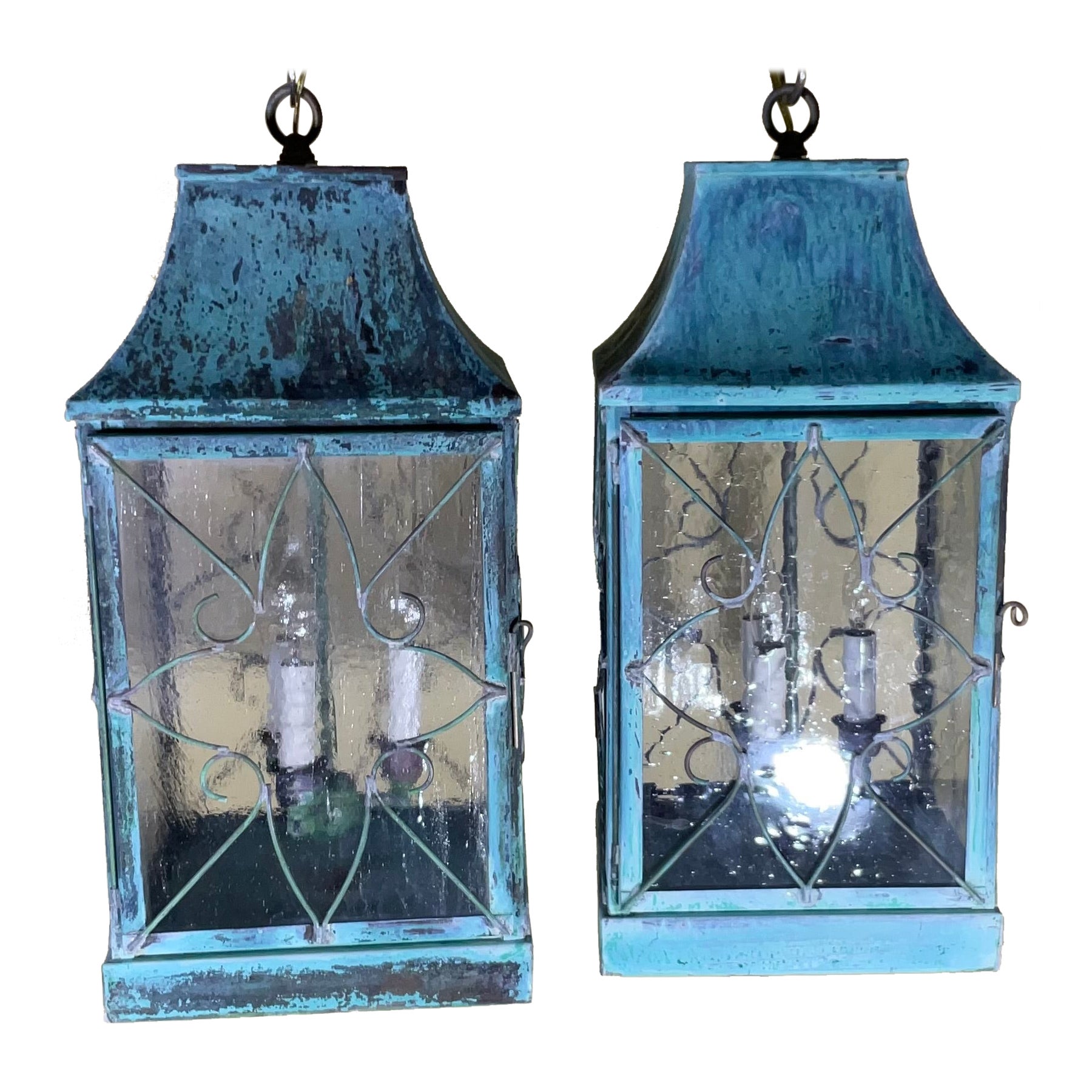 Pair Of Vintage Square Handcrafted Copper Hanging Lanterns For Sale