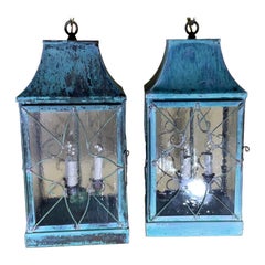 Pair Of Used Square Handcrafted Copper Hanging Lanterns