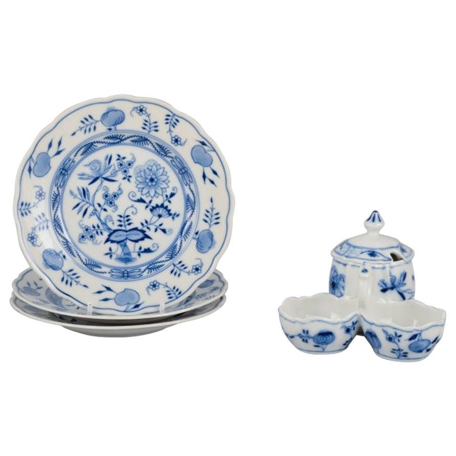 Stadtmeissen, Germany. Three Blue Onion pattern plates and a condiment set.  For Sale