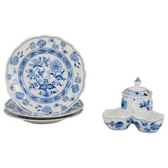 Stadtmeissen, Germany. Three Blue Onion pattern plates and a condiment set. 